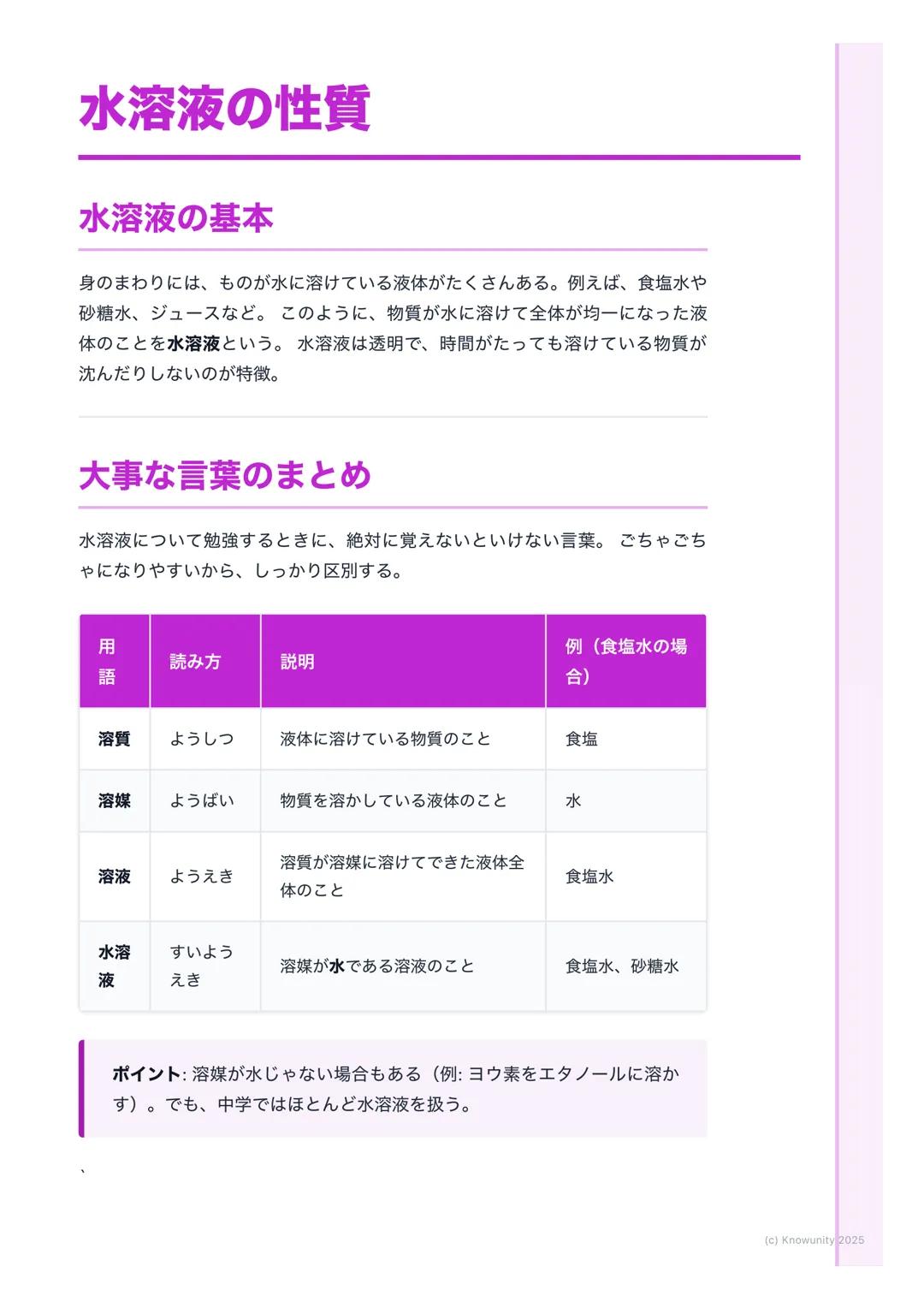 # 水溶液の性質
## 水溶液の基本
身のまわりには、ものが水に溶けている液体がたくさんある。例えば、食塩水や
砂糖水、ジュースなど。このように、物質が水に溶けて全体が均一になった液
体のことを水溶液という。水溶液は透明で、時間がたっても溶けている物質が
沈んだりしないのが特