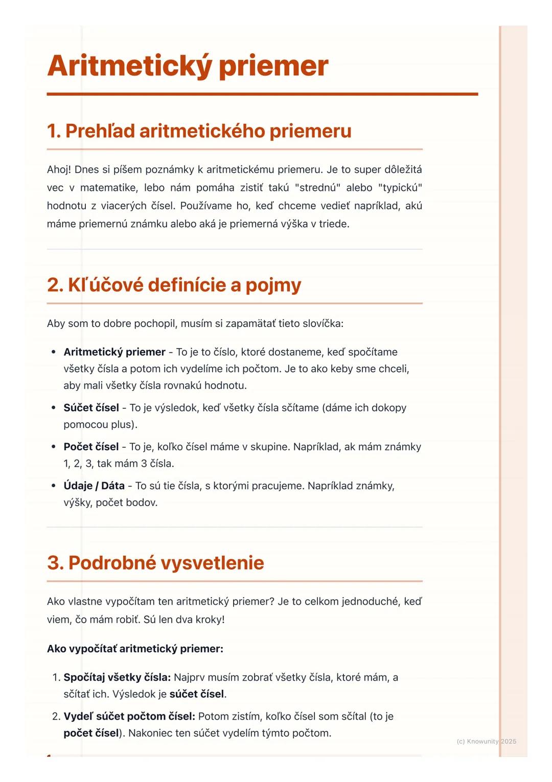 # Aritmetický priemer
1. Prehľad aritmetického priemeru
Ahoj! Dnes si píšem poznámky k aritmetickému priemeru. Je to super dôležitá
vec v