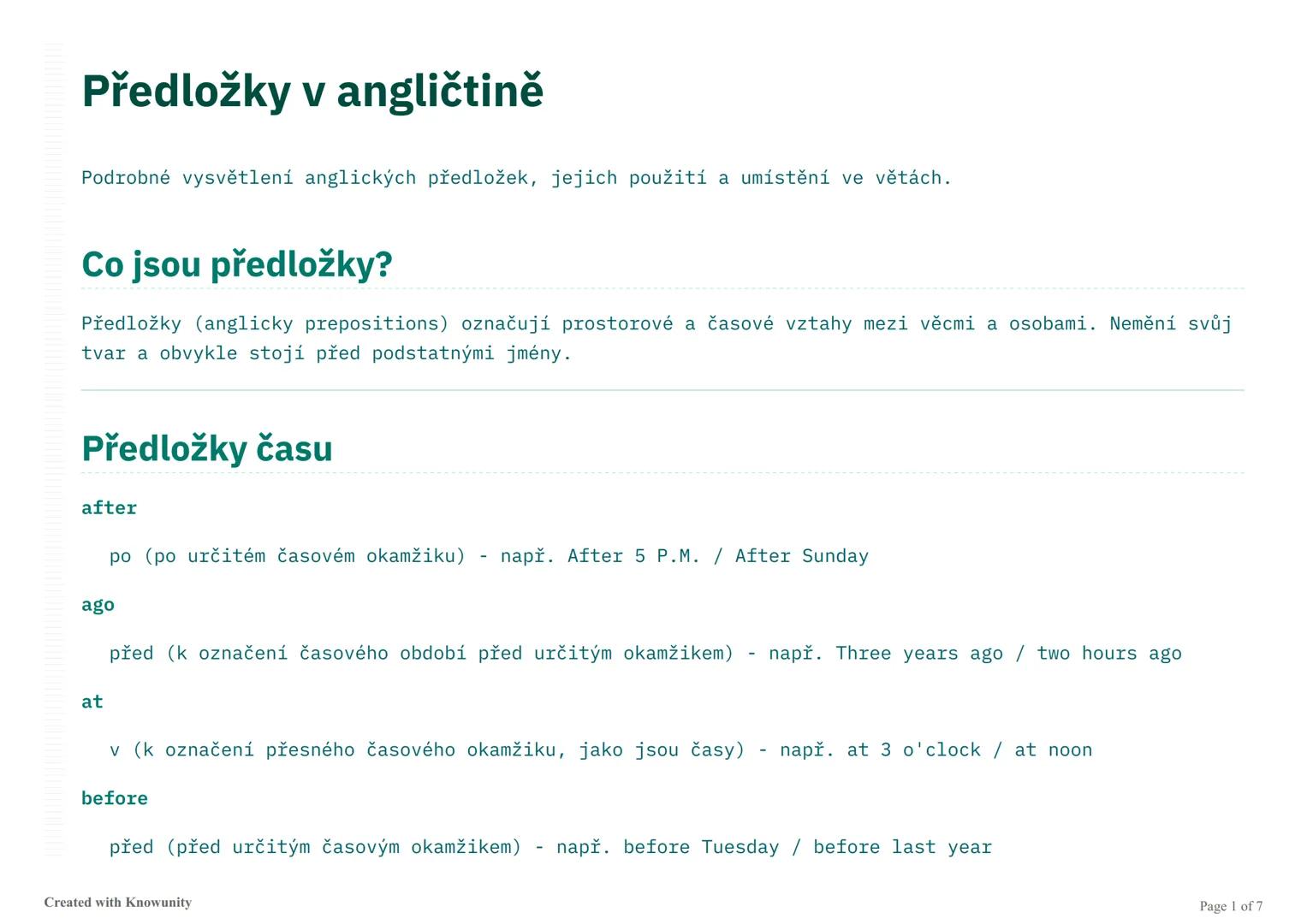 # Předložky v angličtině
Podrobné vysvětlení anglických předložek, jejich použití a umístění ve větách.
## Co jsou předložky?
Předložky (