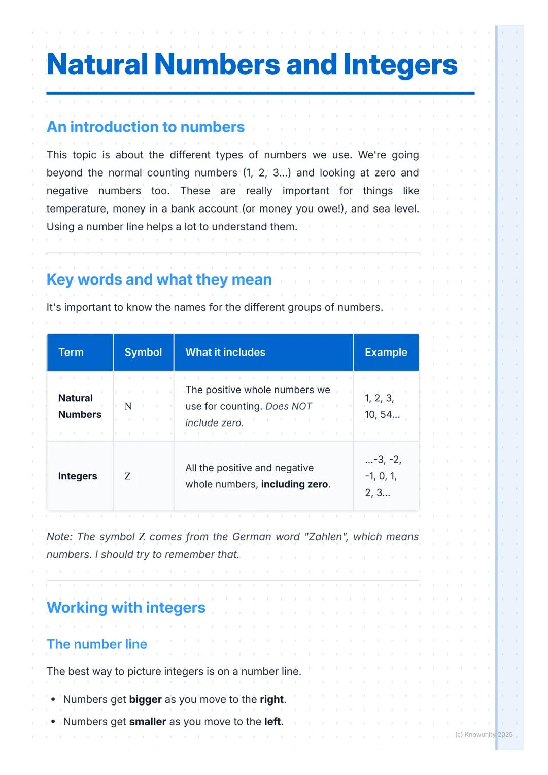 # Natural Numbers and Integers
An introduction to numbers
This topic is about the different types of numbers we use. We're going
beyond th